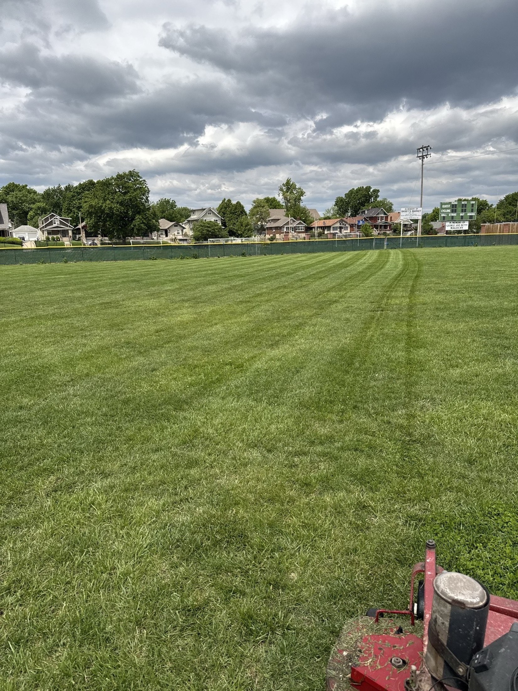 Bishop Ward High School baseball field, freshly mowed with crisp stripes